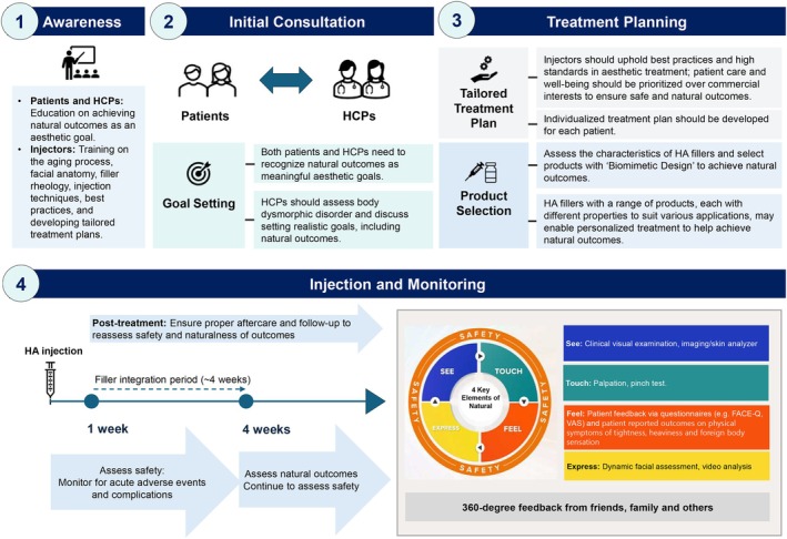 FIGURE 4. Proposed clinical workflow for achieving safe and natural outcomes. FACE‐Q, Facial Aesthetic Quality of Life Questionnaire; HA, hyaluronic acid; HCP, healthcare professional; VAS, visual analog scale.